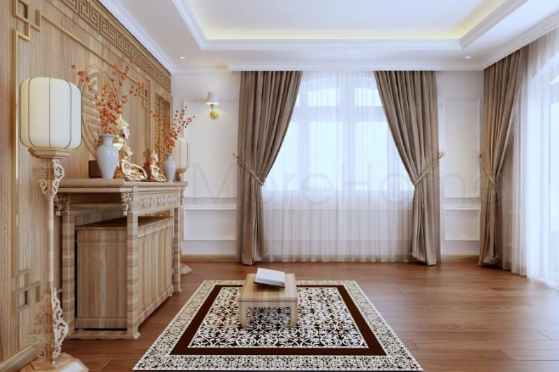 Phòng thờ được trang bị nội thất gỗ tự nhiên với gam màu vàng nhẹ nhàng, góp phần tạo nên một không gian an nhiên, linh thiêng và thư thái cho gia chủ.