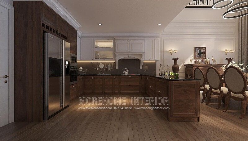 . Tủ bếp gỗ óc chó tân cổ điển có nét đậm đặc và tinh tế, không quá phức tạp, tạo nên sự lịch sự và thanh lịch.